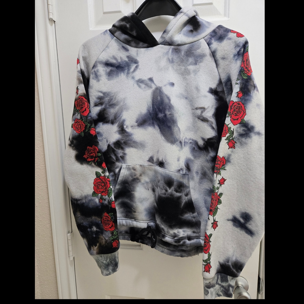 Tie-Dye Black & White Hoodie with Red Rose Sleeve Detail
